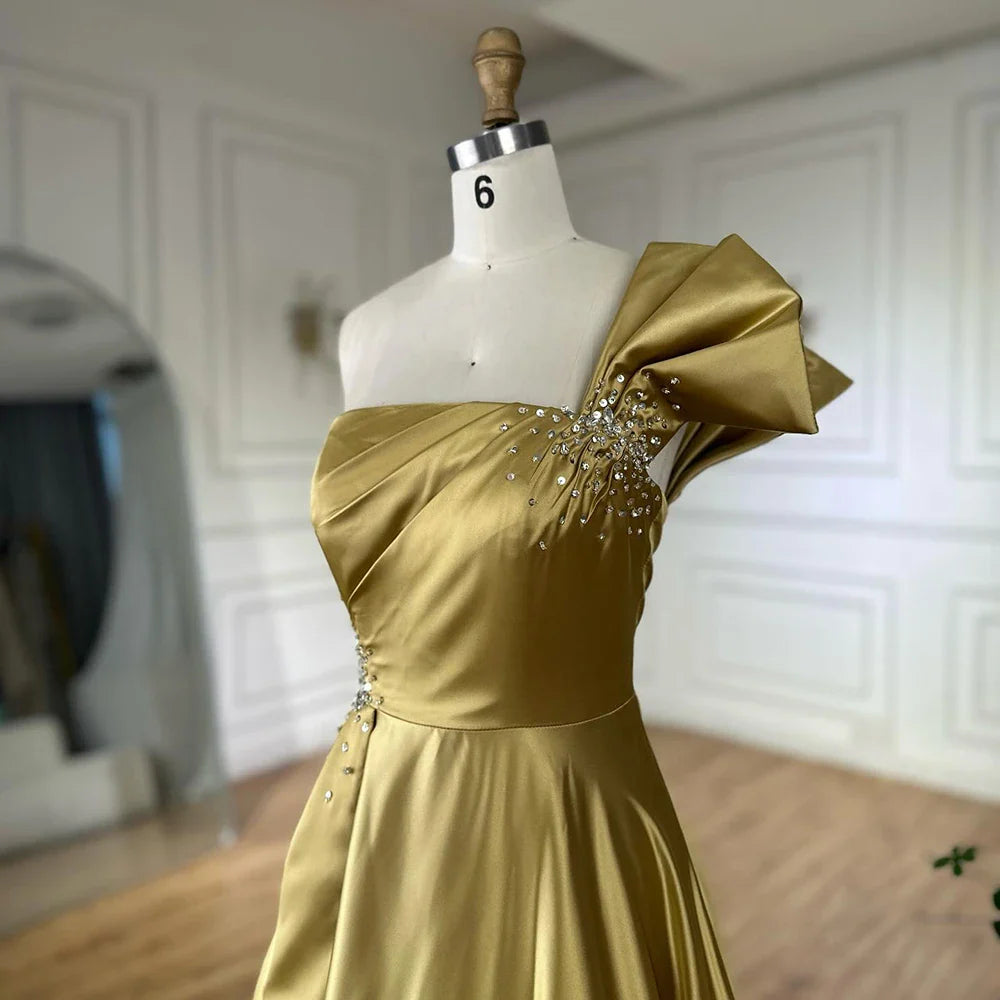 2025 Saudi Arabic Yellow Satin One Shoulder A Line Evening Dress with Beaded for Formal Occasion LA72794