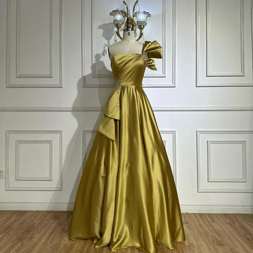 Vestido de noche árabe saudí de satén amarillo, de un solo hombro, corte A, con cuentas, para ocasiones formales LA72794 
