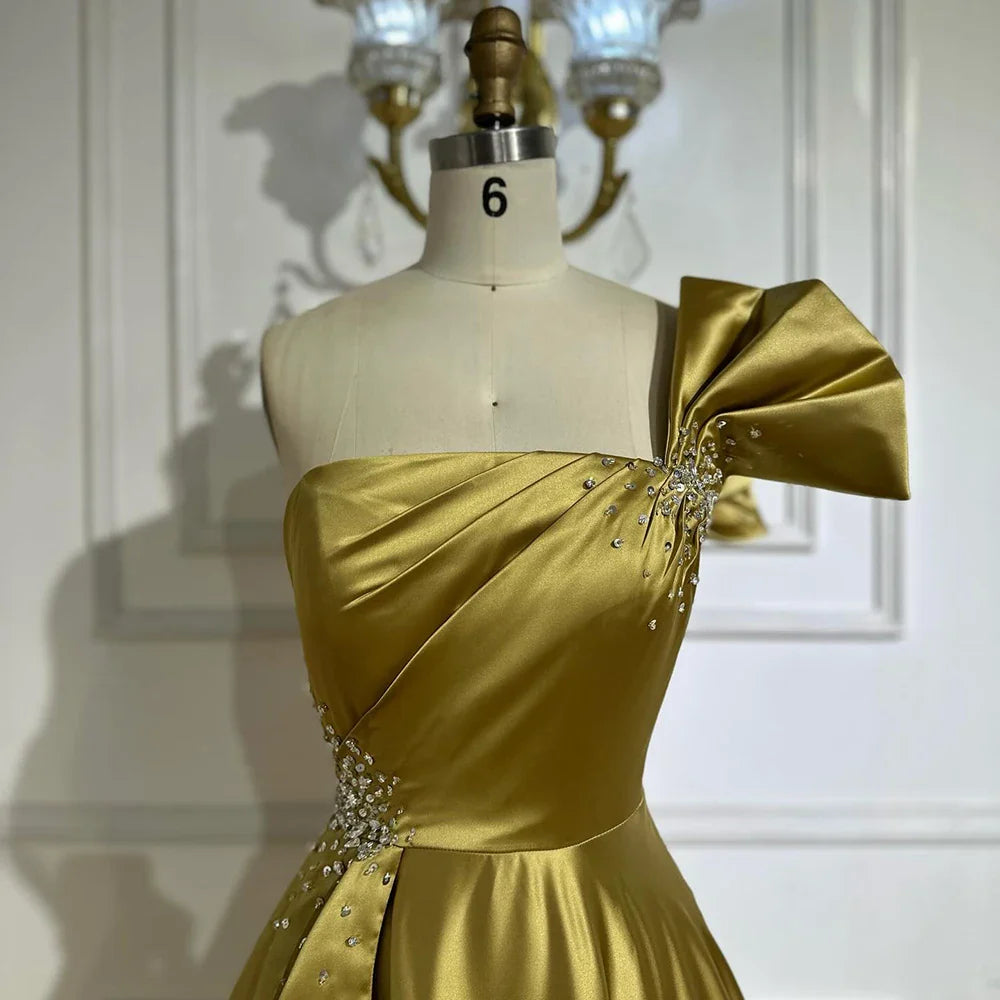 2025 Saudi Arabic Yellow Satin One Shoulder A Line Evening Dress with Beaded for Formal Occasion LA72794