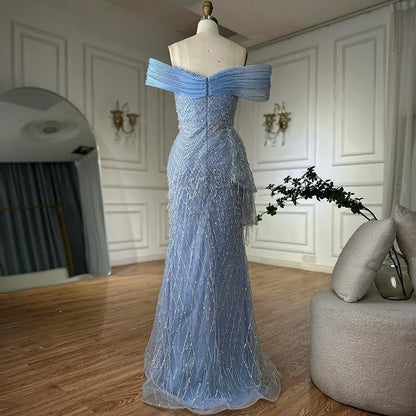 2025 Saudi Blue Beaded Off-Shoulder Mermaid Evening Gown with Side Split for Formal Occasion LA72867