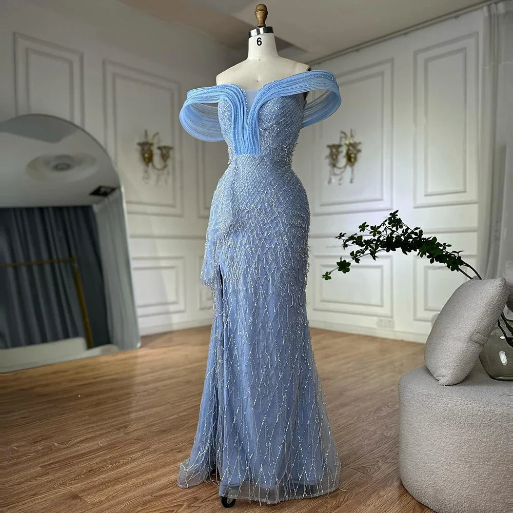 2025 Saudi Blue Beaded Off-Shoulder Mermaid Evening Gown with Side Split for Formal Occasion LA72867