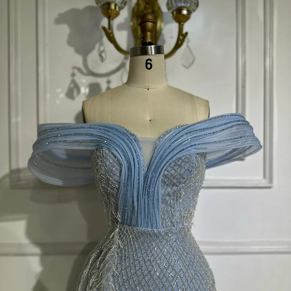 2025 Saudi Blue Beaded Off-Shoulder Mermaid Evening Gown with Side Split for Formal Occasion LA72867