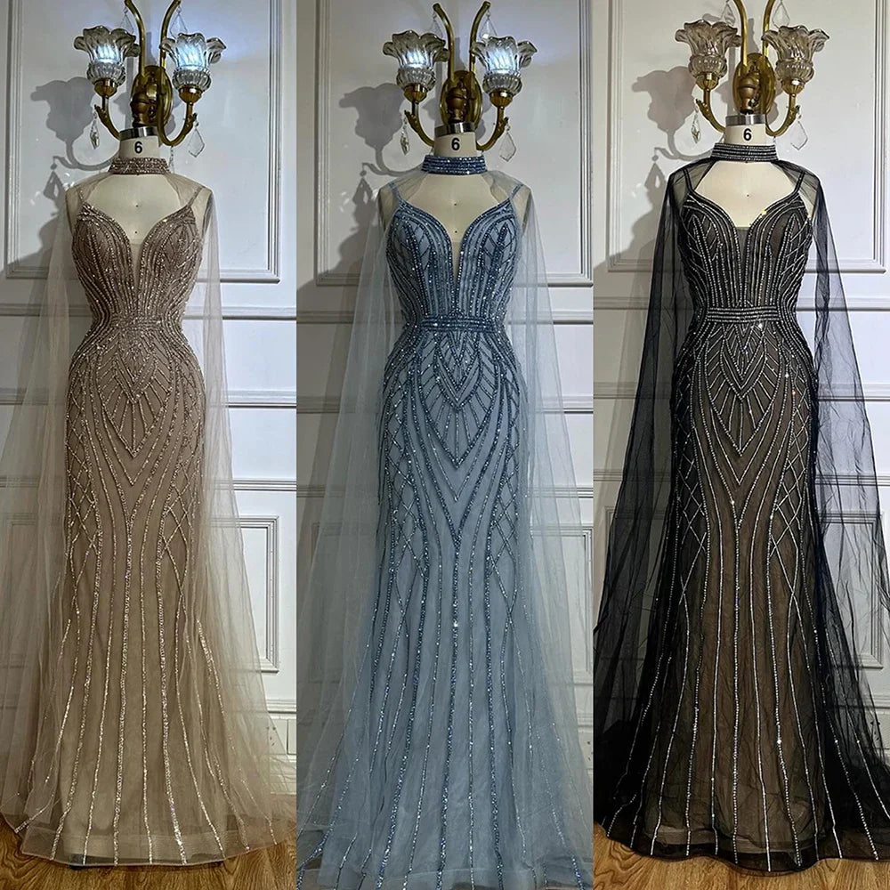 2025 Saudi Caramel Mermaid Arabic Evening Dresses with Beaded Cape Sleeves for Formal Occasion LA72852
