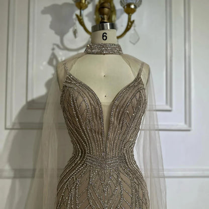 2025 Saudi Caramel Mermaid Arabic Evening Dresses with Beaded Cape Sleeves for Formal Occasion LA72852