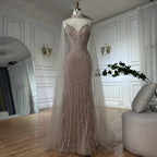 2025 Saudi Caramel Mermaid Arabic Evening Dresses with Beaded Cape Sleeves for Formal Occasion LA72852