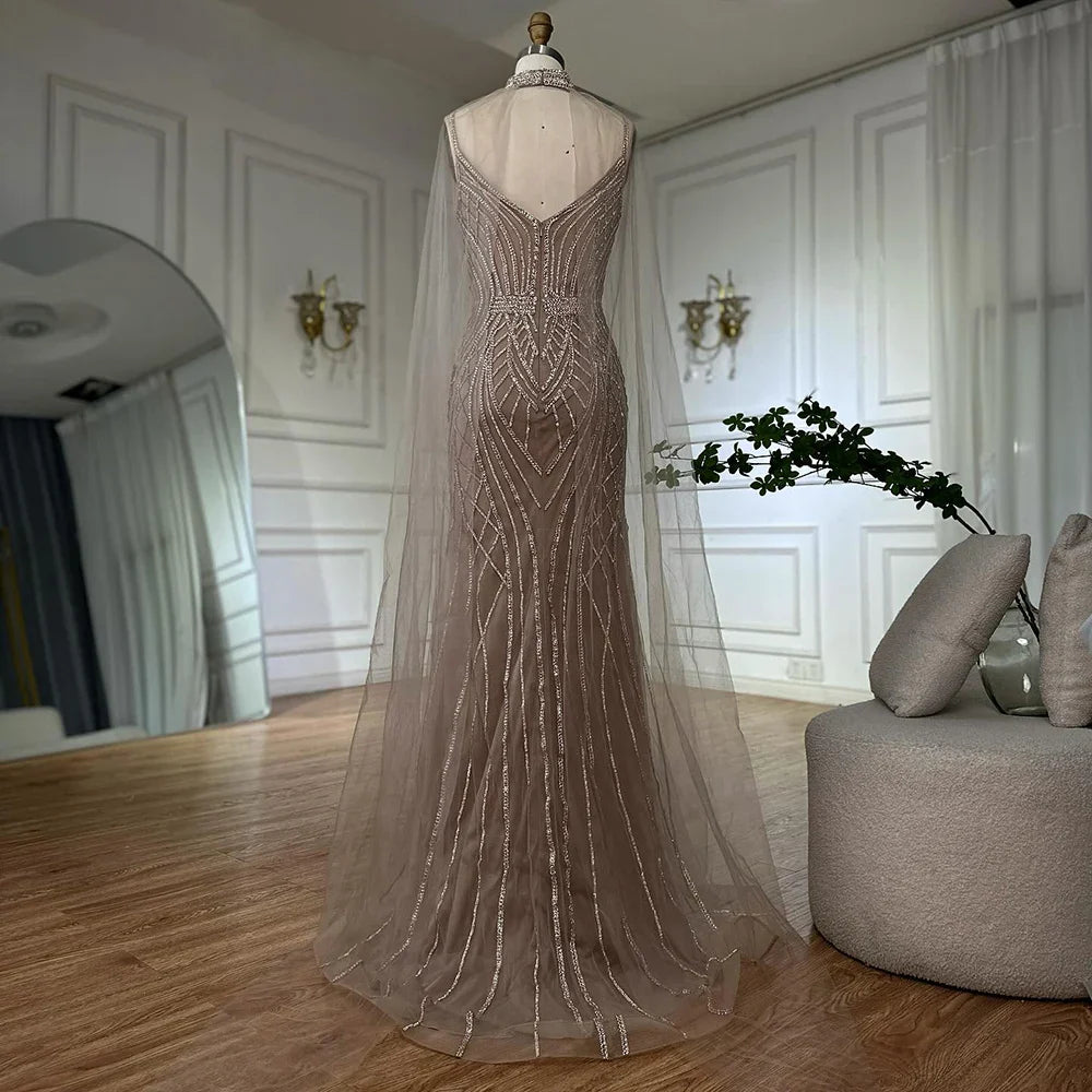 2025 Saudi Caramel Mermaid Arabic Evening Dresses with Beaded Cape Sleeves for Formal Occasion LA72852