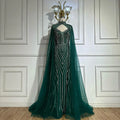 Vestido de noche árabe de sirena verde saudí 2025 con mangas de capa con cuentas para ocasiones formales LA72838 