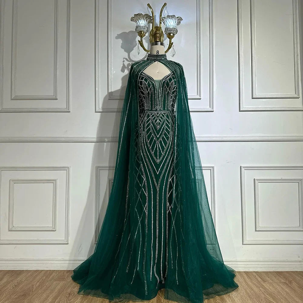 2025 Saudi Green Mermaid Arabic Evening Dresses with Beaded Cape Sleeves for Formal Occasion LA72838