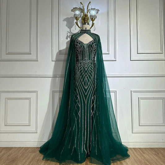 2025 Saudi Green Mermaid Arabic Evening Dresses with Beaded Cape Sleeves for Formal Occasion LA72838