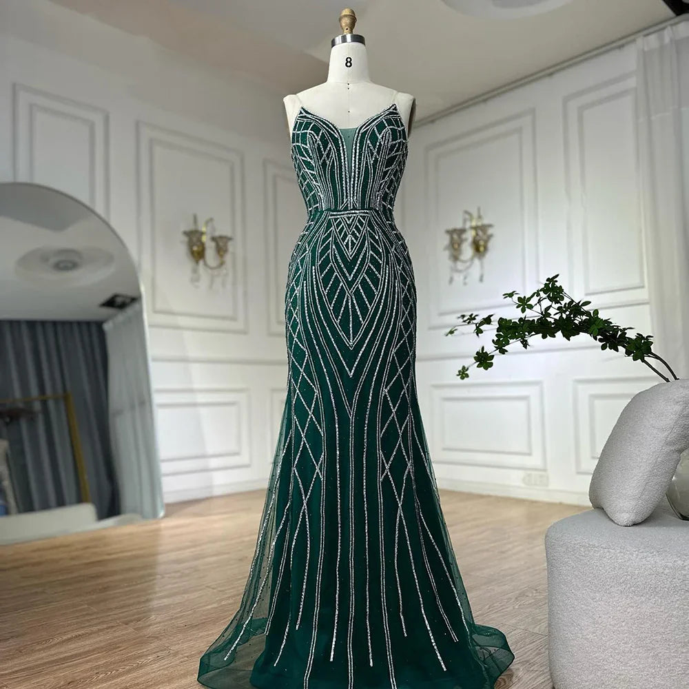 Vestido de noche árabe de sirena verde saudí 2025 con mangas de capa con cuentas para ocasiones formales LA72838 
