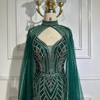 Vestido de noche árabe de sirena verde saudí 2025 con mangas de capa con cuentas para ocasiones formales LA72838 