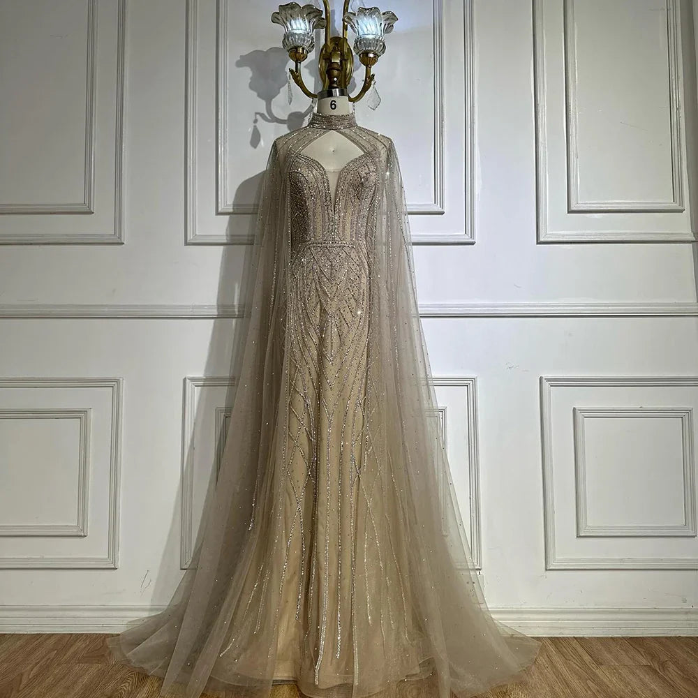 Vestido de noche árabe de sirena verde saudí 2025 con mangas de capa con cuentas para ocasiones formales LA72838 