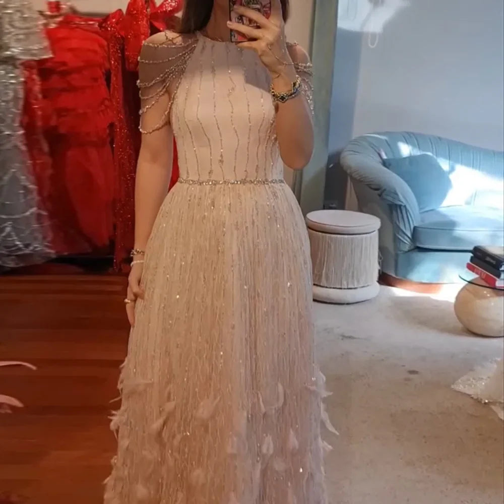 2025 Saudi Luxury Pink Feathers A Line Arabic Beaded Evening Dress Gown for Formal Occasion LA72721