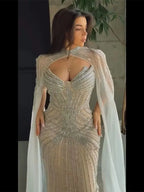 2025 Saudi Nude Beaded Mermaid Evening Gown With Detachable Cape Sleeves for Formal Occasion LA72891
