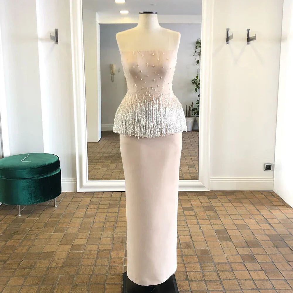 2025 Saudi Nude Pink Strapless Arabic Mermaid Evening Dresses Gowns Beaded Tassel for Occasion LA72804