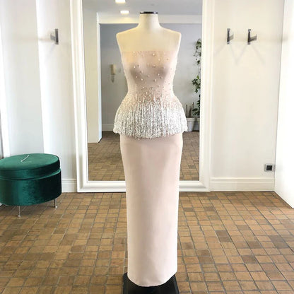 2025 Saudi Nude Pink Strapless Arabic Mermaid Evening Dresses Gowns Beaded Tassel for Occasion LA72804