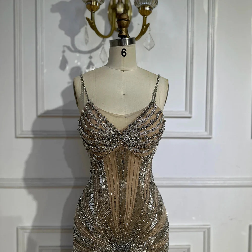 2025 Silver Nude Beaded Spaghetti Strap Mermaid Evening Dresses Gowns for Formal Occasion LA72803
