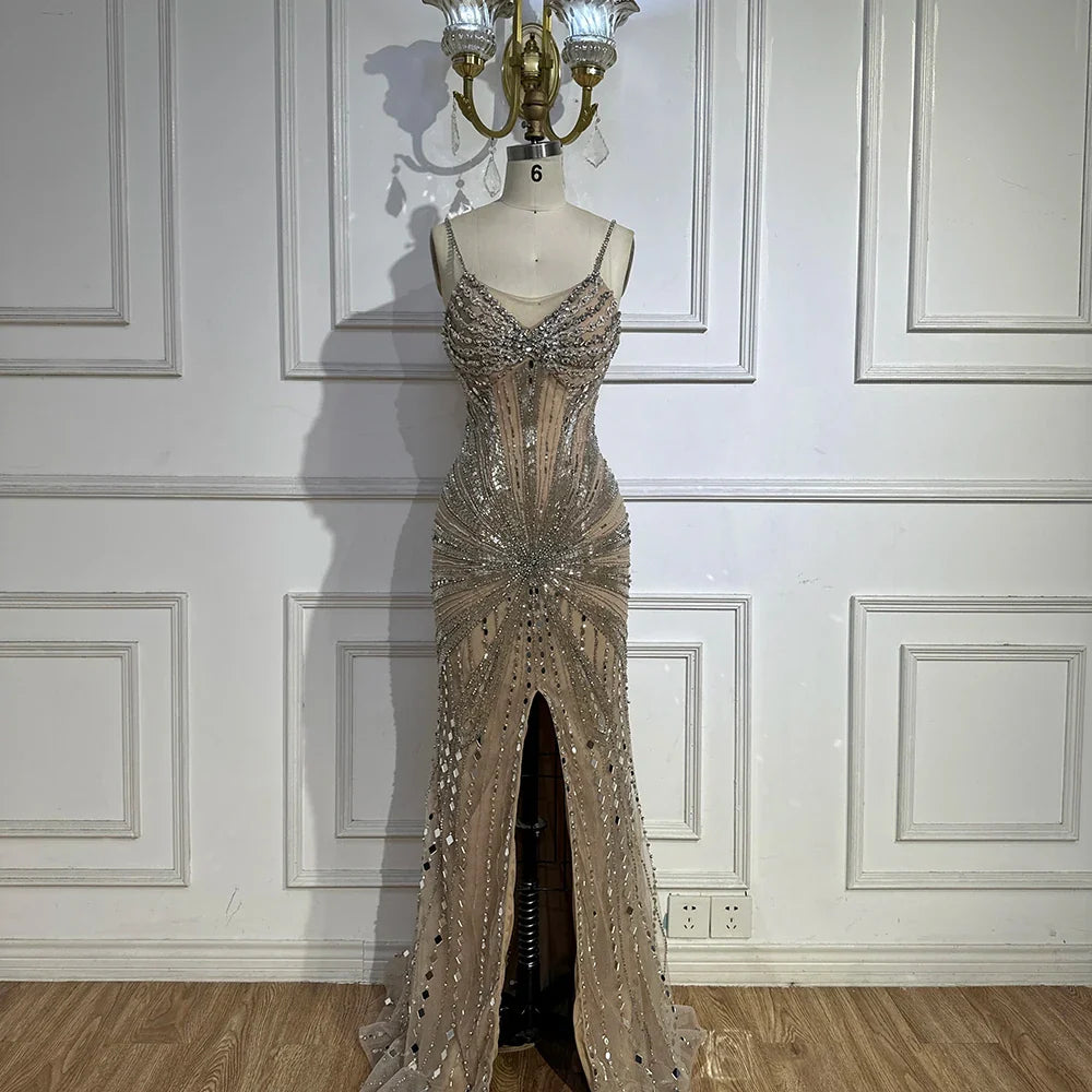2025 Silver Nude Beaded Spaghetti Strap Mermaid Evening Dresses Gowns for Formal Occasion LA72803