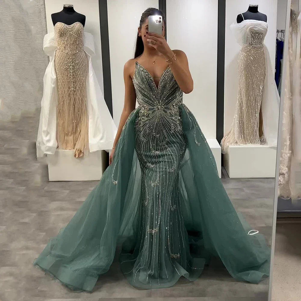 2025 Turquoise Strapless Mermaid Saudi Evening Dress Gown With Overskirt for Formal Occasion LA72880