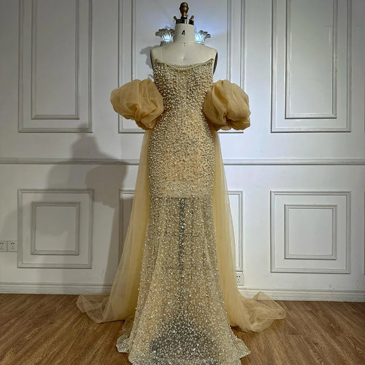 Vestido de noche color piel con cuentas y mangas abullonadas estilo vintage LA72653A