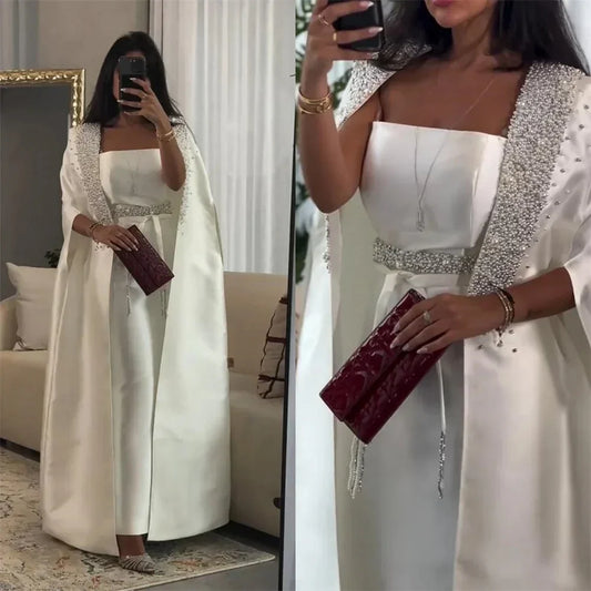 2025 White Mermaid Satin Arabic Evening Dresses Gowns with Long Cape for Formal Occasion LA72825