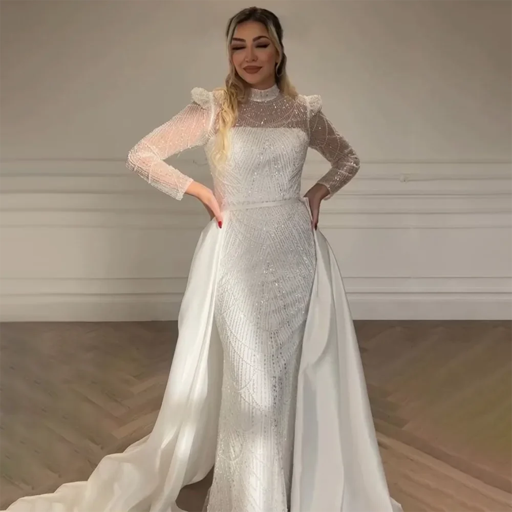 Vestido de noche musulmán blanco de corte sirena con sobrefalda desmontable para ocasiones formales LA72032L