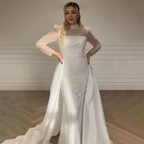 Vestido de noche musulmán blanco de corte sirena con sobrefalda desmontable para ocasiones formales LA72032L