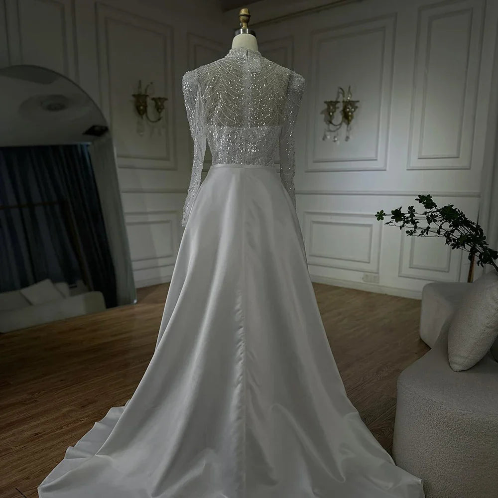Vestido de noche musulmán blanco de corte sirena con sobrefalda desmontable para ocasiones formales LA72032L