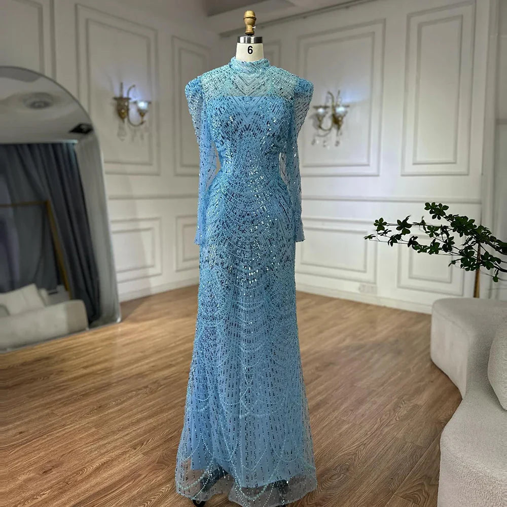 Vestido de noche musulmán blanco de corte sirena con sobrefalda desmontable para ocasiones formales LA72032L