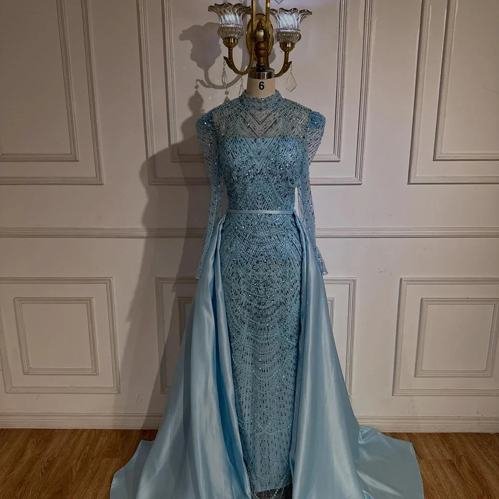 Vestido de noche musulmán blanco de corte sirena con sobrefalda desmontable para ocasiones formales LA72032L