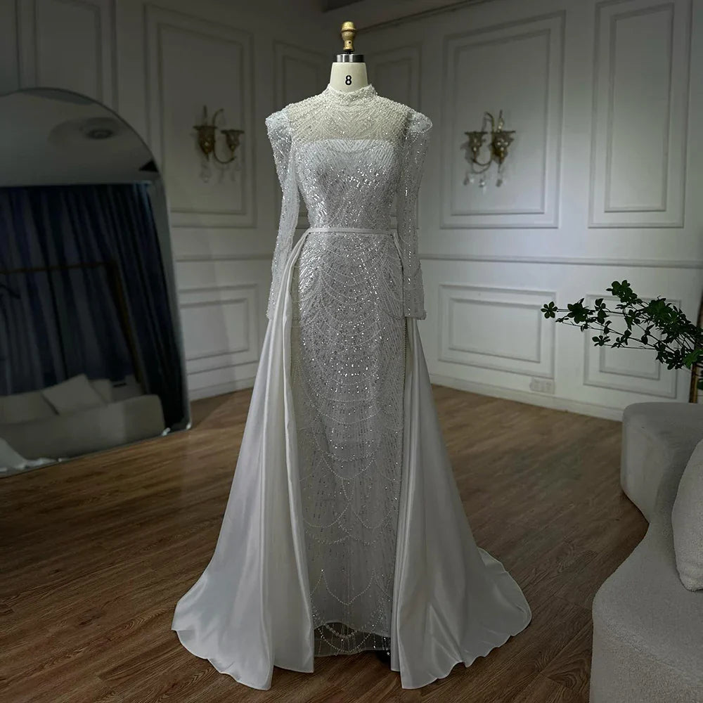 Vestido de noche musulmán blanco de corte sirena con sobrefalda desmontable para ocasiones formales LA72032L
