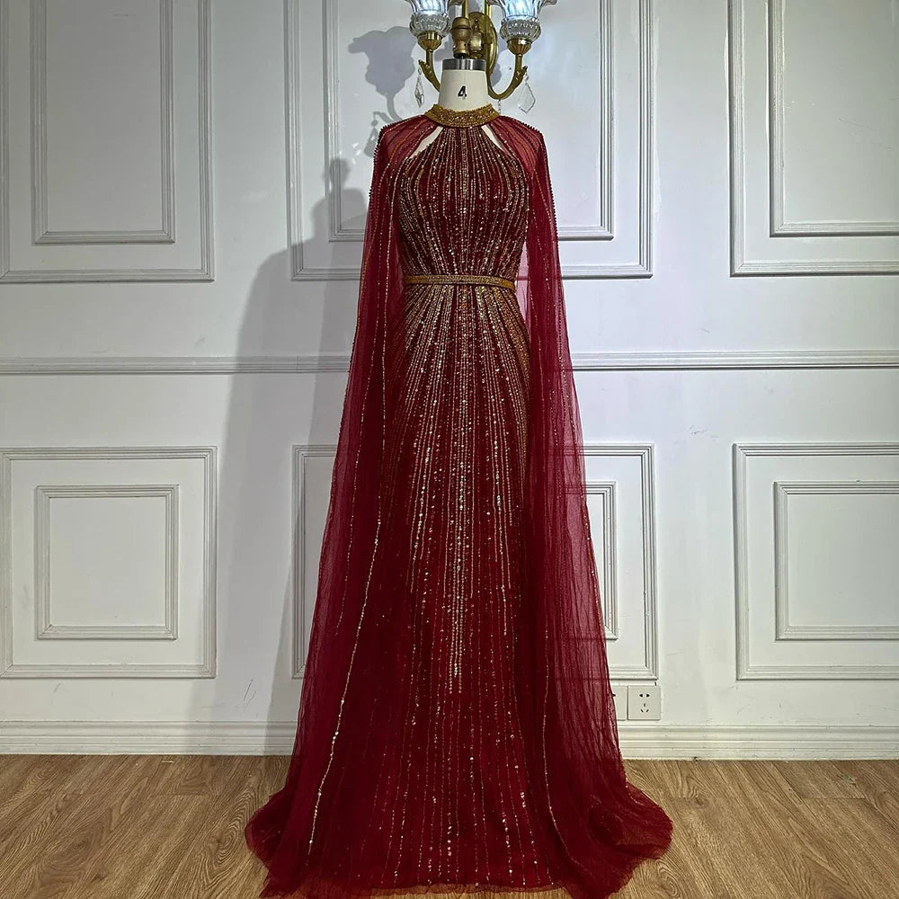 2025 Wine Red Beaded Mermaid Saudi Evening Dress with Cape for Formal Occasion LA72707A