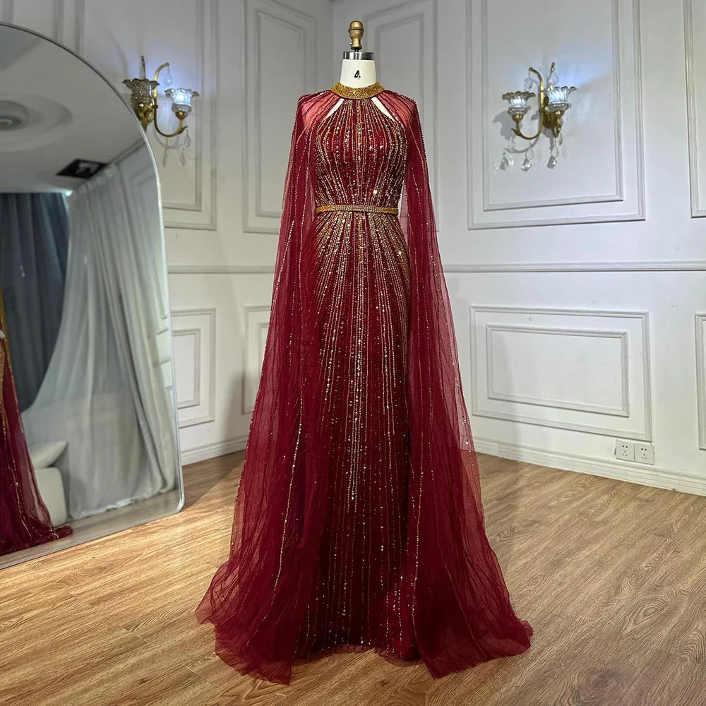 Vestido de noche saudí de sirena con cuentas en rojo vino 2025 y capa para ocasiones formales LA72707A 