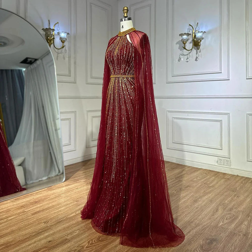 2025 Wine Red Beaded Mermaid Saudi Evening Dress with Cape for Formal Occasion LA72707A