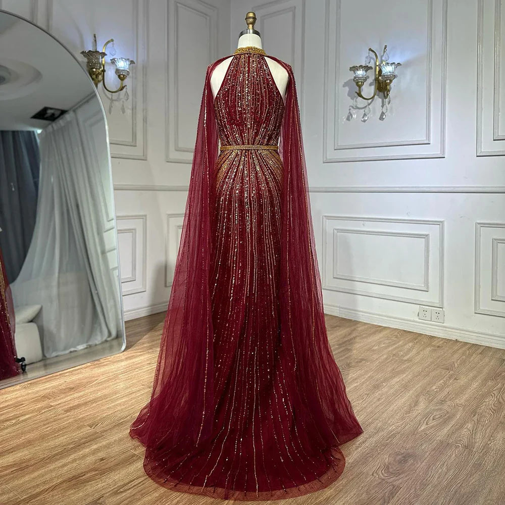 Vestido de noche saudí de sirena con cuentas en rojo vino 2025 y capa para ocasiones formales LA72707A 