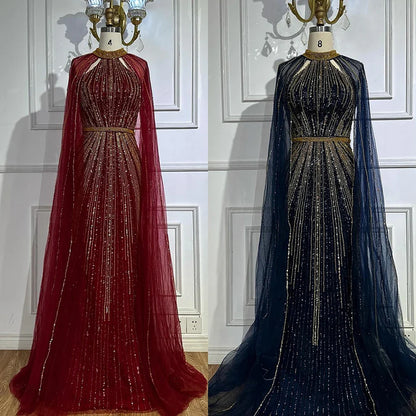 2025 Wine Red Beaded Mermaid Saudi Evening Dress with Cape for Formal Occasion LA72707A