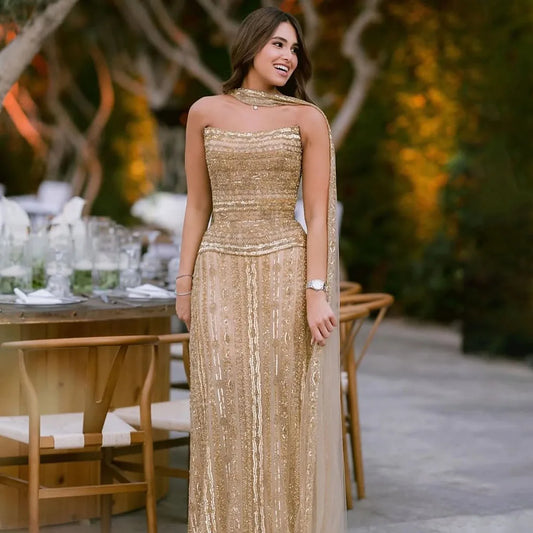 2025 Gold A-Line Beaded Strapless Luxury Evening Dress for  Occasion Saudi LA72873
