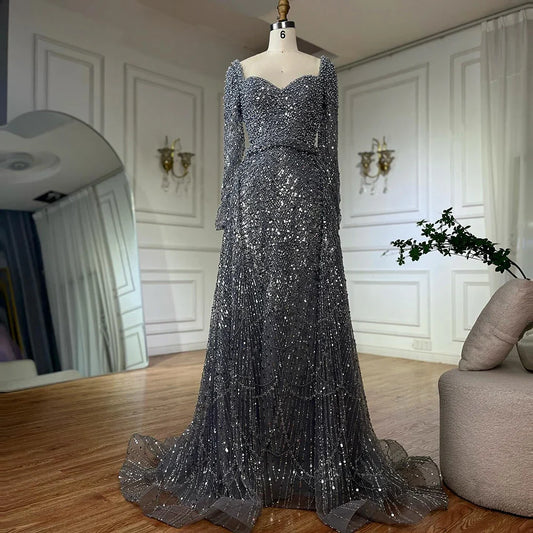 2025 Saudi Arabic Gray Mermaid Beaded With Overskirt Evening Dresses Gowns For Formal Occasion LA72849