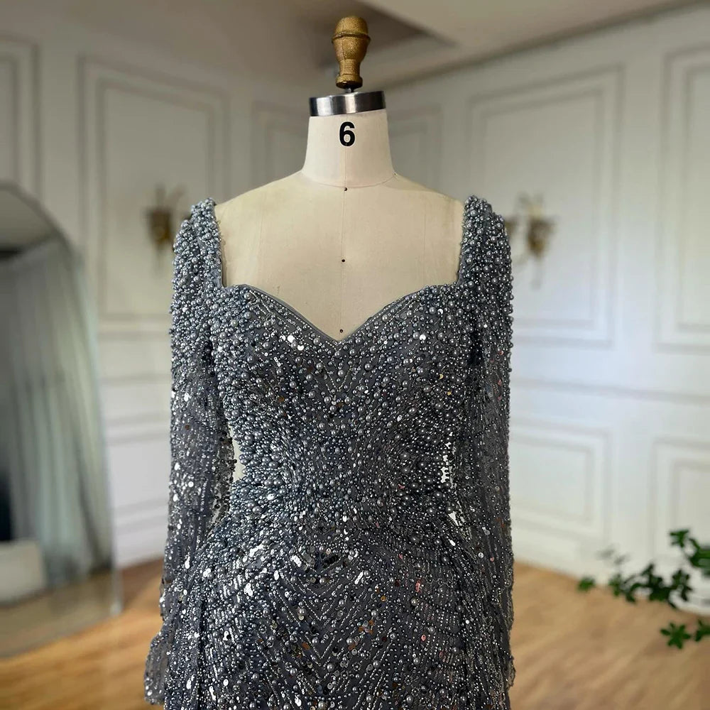 2025 Saudi Arabic Gray Mermaid Beaded With Overskirt Evening Dresses Gowns For Formal Occasion LA72849