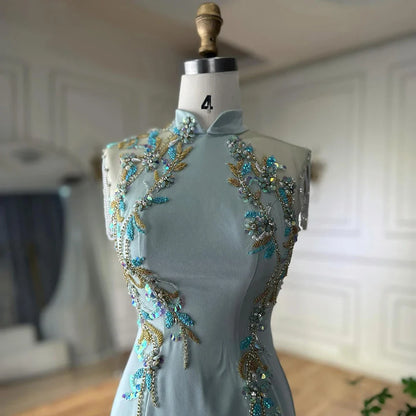 2025 Saudi Mint Mermaid Beaded Tassel Satin Evening Dress Gown with Corset for Formal Occasion LA72797B