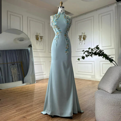 2025 Saudi Mint Mermaid Beaded Tassel Satin Evening Dress Gown with Corset for Formal Occasion LA72797B