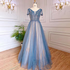 Vestidos de noche de lujo azules de corte A, con cuentas, mangas cortas y cordones, estilo árabe, para mujer, para fiesta, LA70840 