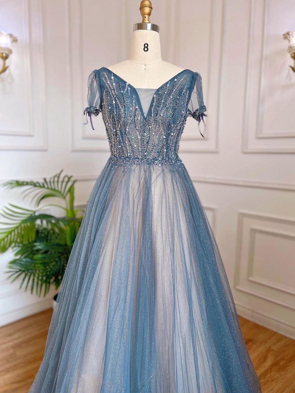 Vestidos de noche de lujo azules de corte A, con cuentas, mangas cortas y cordones, estilo árabe, para mujer, para fiesta, LA70840 