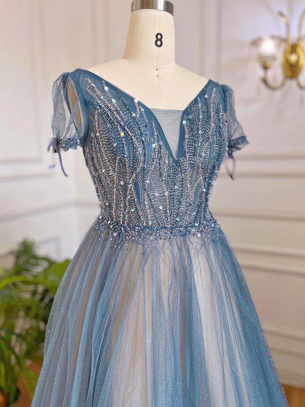 Vestidos de noche de lujo azules de corte A, con cuentas, mangas cortas y cordones, estilo árabe, para mujer, para fiesta, LA70840 