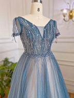 Vestidos de noche de lujo azules de corte A, con cuentas, mangas cortas y cordones, estilo árabe, para mujer, para fiesta, LA70840 