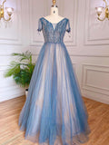 Vestidos de noche de lujo azules de corte A, con cuentas, mangas cortas y cordones, estilo árabe, para mujer, para fiesta, LA70840 