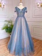 Vestidos de noche de lujo azules de corte A, con cuentas, mangas cortas y cordones, estilo árabe, para mujer, para fiesta, LA70840 