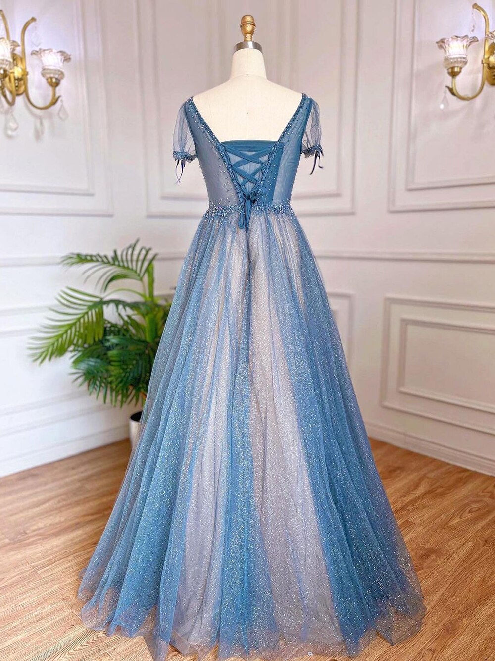 Vestidos de noche de lujo azules de corte A, con cuentas, mangas cortas y cordones, estilo árabe, para mujer, para fiesta, LA70840 