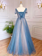 Vestidos de noche de lujo azules de corte A, con cuentas, mangas cortas y cordones, estilo árabe, para mujer, para fiesta, LA70840 