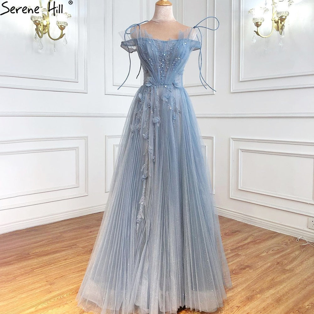 A-Line Blue Tulle Evening Dresses Gowns 2025 Beading Flowers Sexy For Women Party LA71149